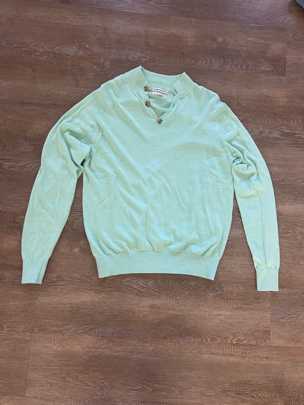 Peter Millar Linen Cotton Sweater | Mint Green | Button Collar | Medium